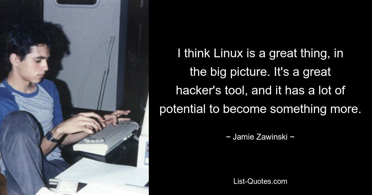 I think Linux is a great thing, in the big picture. It's a great hacker's tool, and it has a lot of potential to become something more. — © Jamie Zawinski