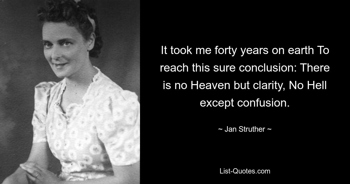 It took me forty years on earth To reach this sure conclusion: There is no Heaven but clarity, No Hell except confusion. — © Jan Struther