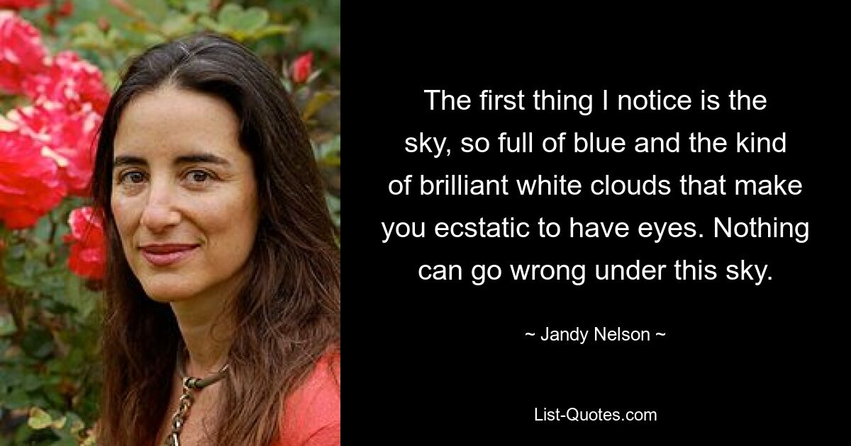 The first thing I notice is the sky, so full of blue and the kind of brilliant white clouds that make you ecstatic to have eyes. Nothing can go wrong under this sky. — © Jandy Nelson