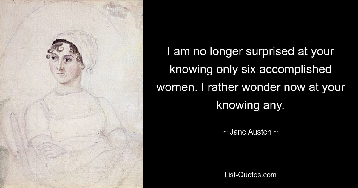 I am no longer surprised at your knowing only six accomplished women. I rather wonder now at your knowing any. — © Jane Austen