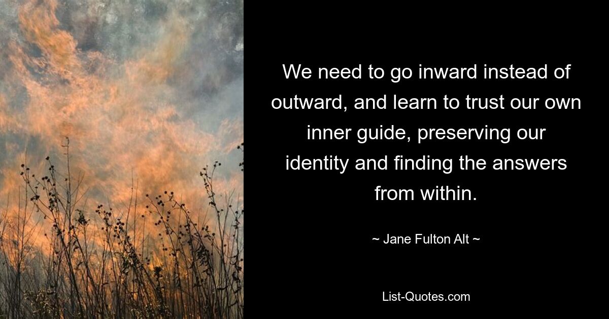 We need to go inward instead of outward, and learn to trust our own inner guide, preserving our identity and finding the answers from within. — © Jane Fulton Alt