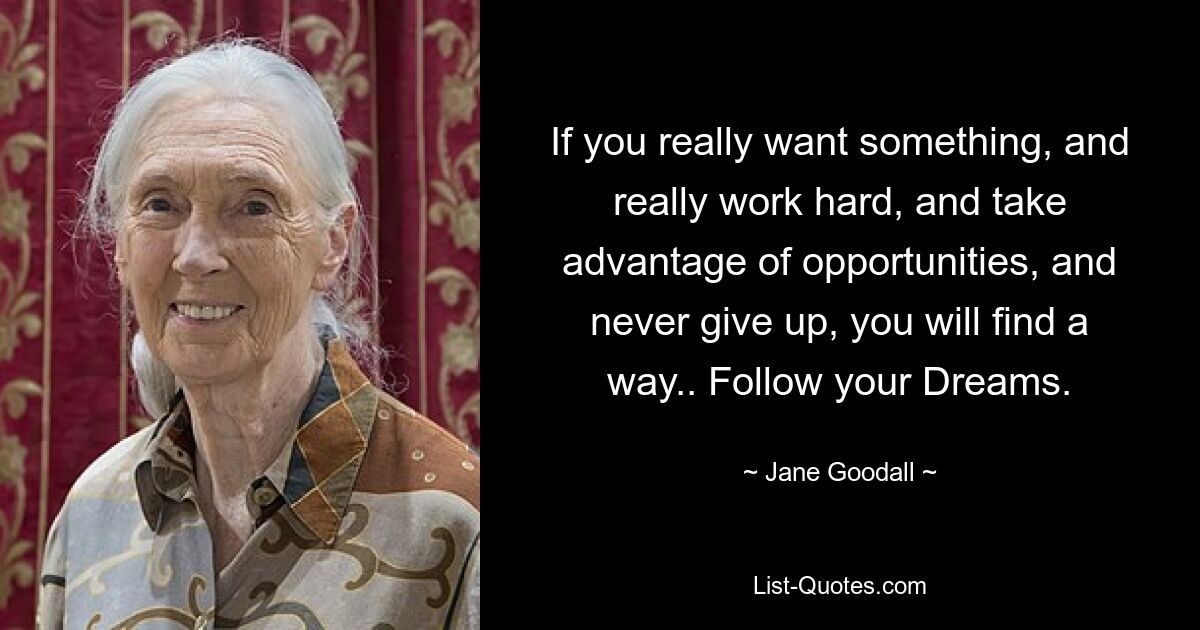 If you really want something, and really work hard, and take advantage of opportunities, and never give up, you will find a way.. Follow your Dreams. — © Jane Goodall