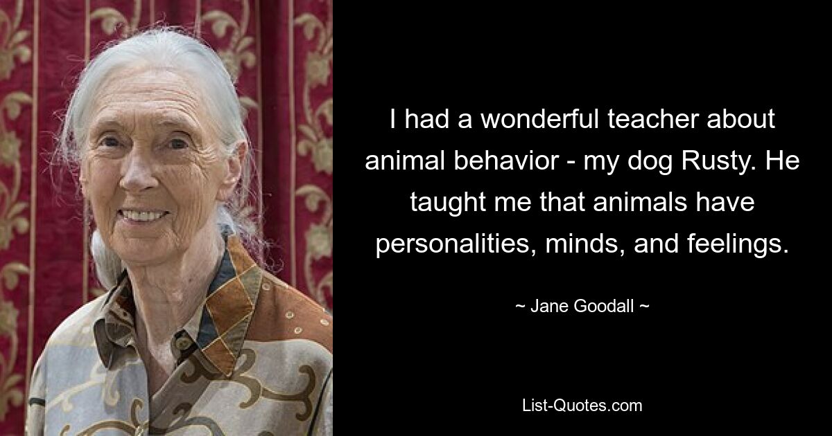 I had a wonderful teacher about animal behavior - my dog Rusty. He taught me that animals have personalities, minds, and feelings. — © Jane Goodall