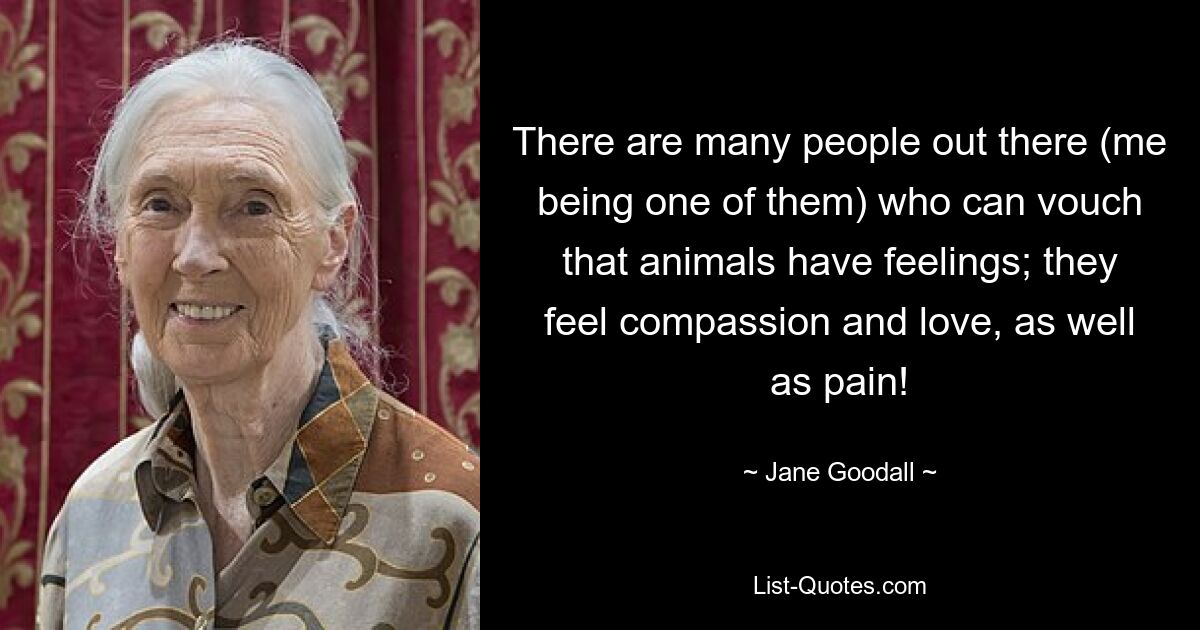 There are many people out there (me being one of them) who can vouch that animals have feelings; they feel compassion and love, as well as pain! — © Jane Goodall