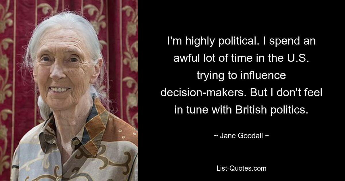 I'm highly political. I spend an awful lot of time in the U.S. trying to influence decision-makers. But I don't feel in tune with British politics. — © Jane Goodall