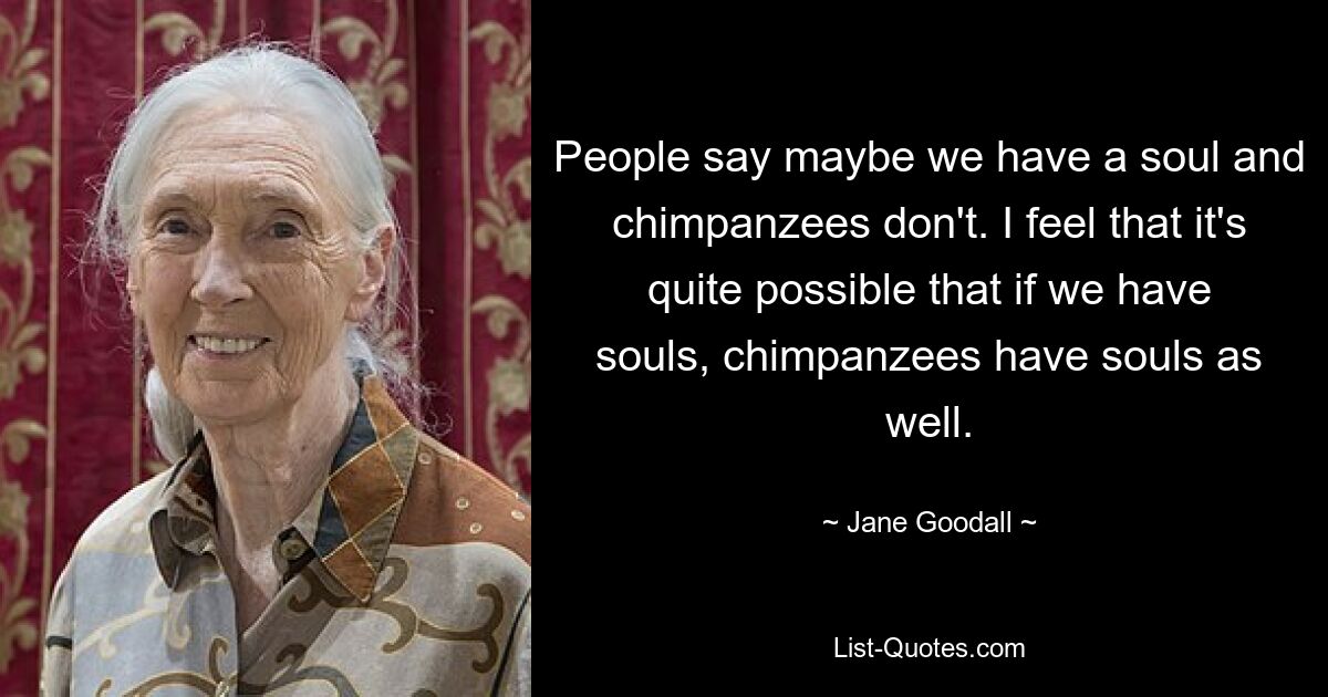 People say maybe we have a soul and chimpanzees don't. I feel that it's quite possible that if we have souls, chimpanzees have souls as well. — © Jane Goodall