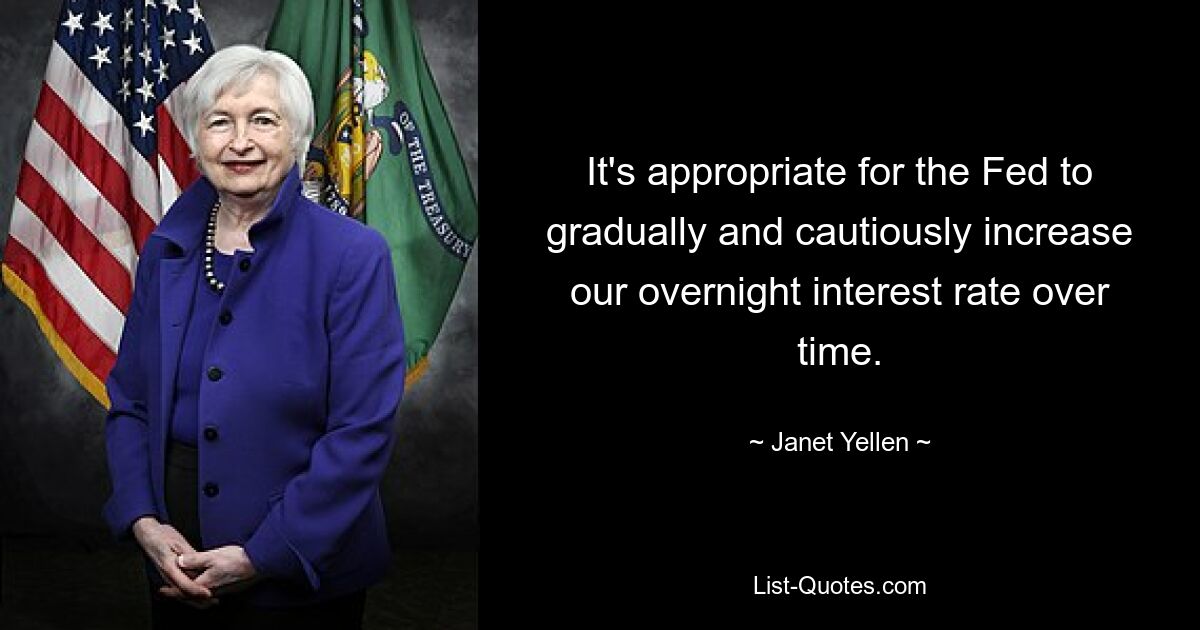 It's appropriate for the Fed to gradually and cautiously increase our overnight interest rate over time. — © Janet Yellen