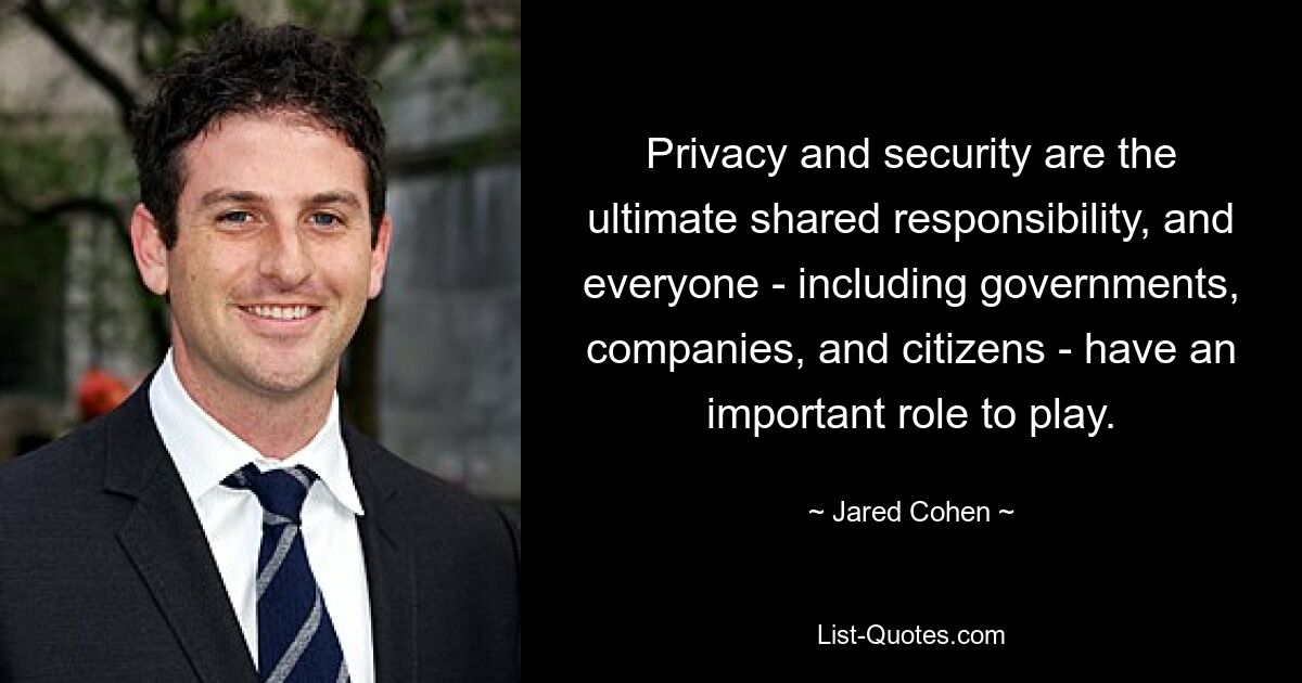 Privacy and security are the ultimate shared responsibility, and everyone - including governments, companies, and citizens - have an important role to play. — © Jared Cohen