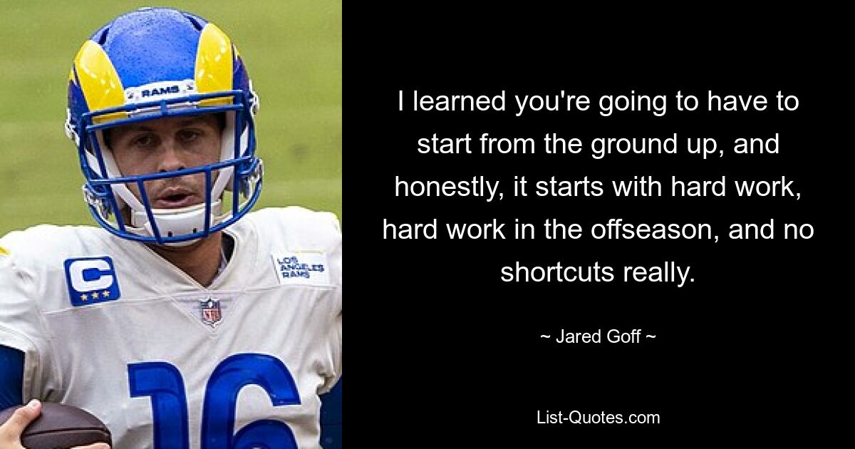 I learned you're going to have to start from the ground up, and honestly, it starts with hard work, hard work in the offseason, and no shortcuts really. — © Jared Goff