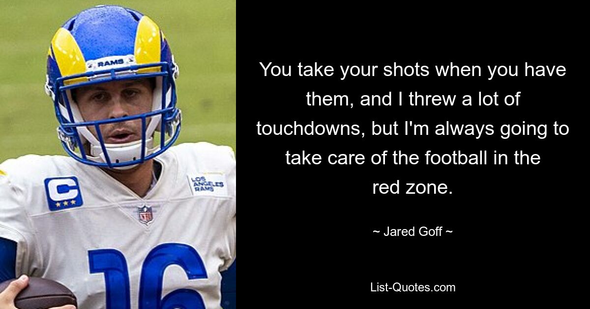 You take your shots when you have them, and I threw a lot of touchdowns, but I'm always going to take care of the football in the red zone. — © Jared Goff