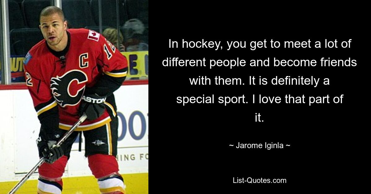 In hockey, you get to meet a lot of different people and become friends with them. It is definitely a special sport. I love that part of it. — © Jarome Iginla