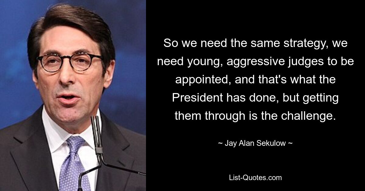 So we need the same strategy, we need young, aggressive judges to be appointed, and that's what the President has done, but getting them through is the challenge. — © Jay Alan Sekulow