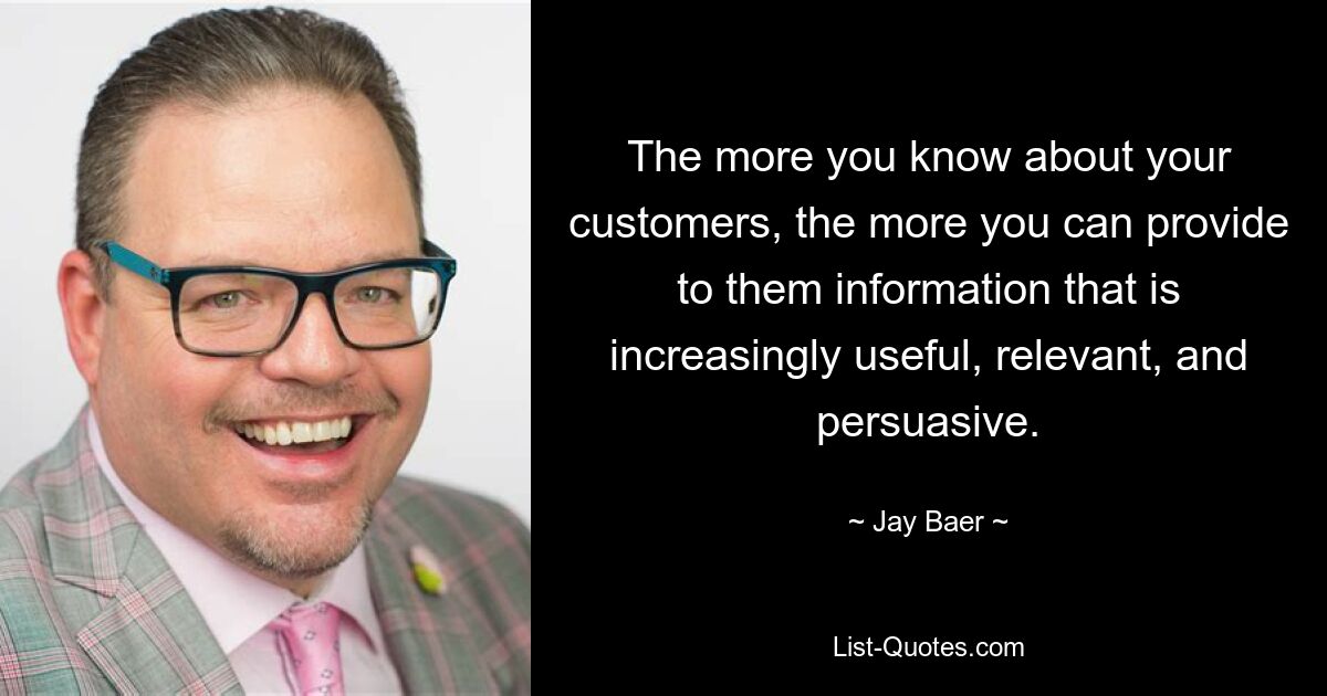 The more you know about your customers, the more you can provide to them information that is increasingly useful, relevant, and persuasive. — © Jay Baer