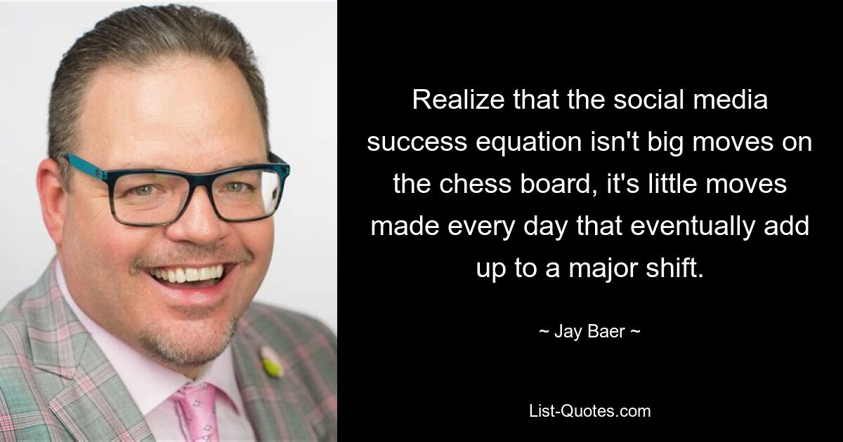 Realize that the social media success equation isn't big moves on the chess board, it's little moves made every day that eventually add up to a major shift. — © Jay Baer