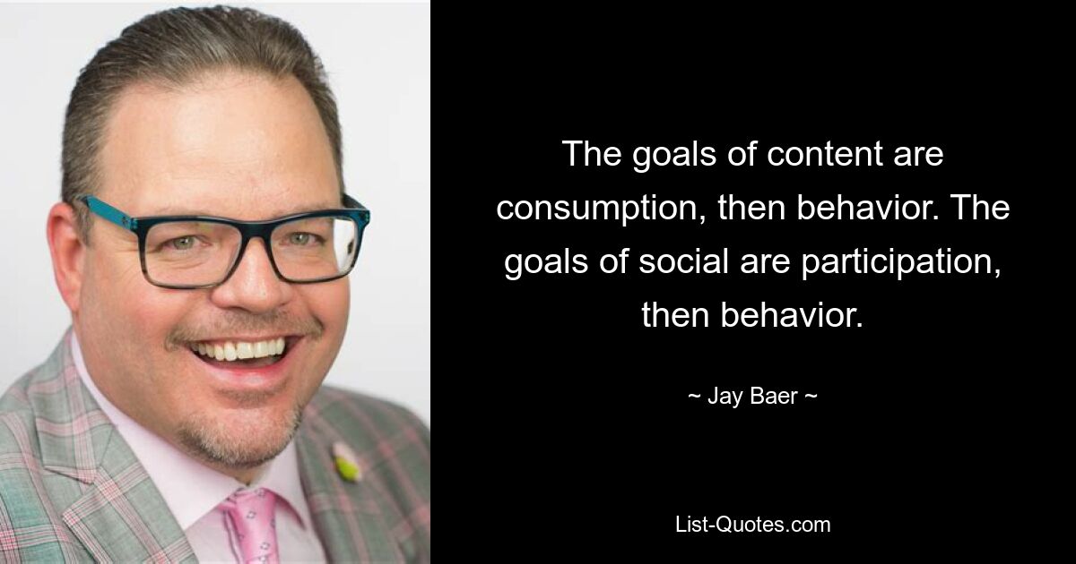 The goals of content are consumption, then behavior. The goals of social are participation, then behavior. — © Jay Baer