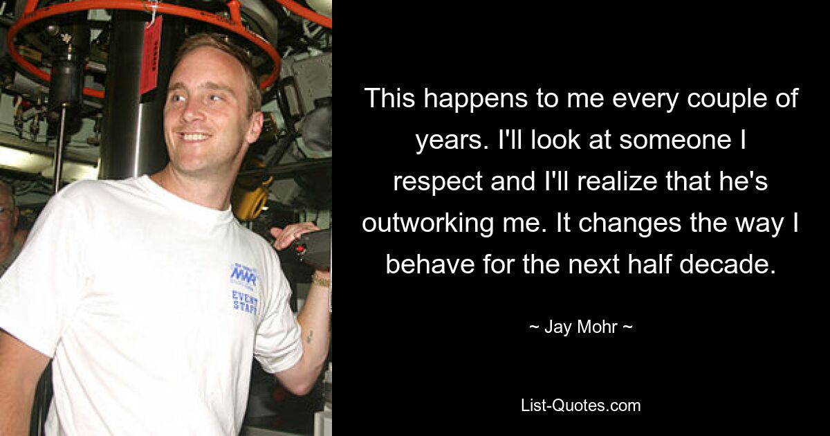 This happens to me every couple of years. I'll look at someone I respect and I'll realize that he's outworking me. It changes the way I behave for the next half decade. — © Jay Mohr