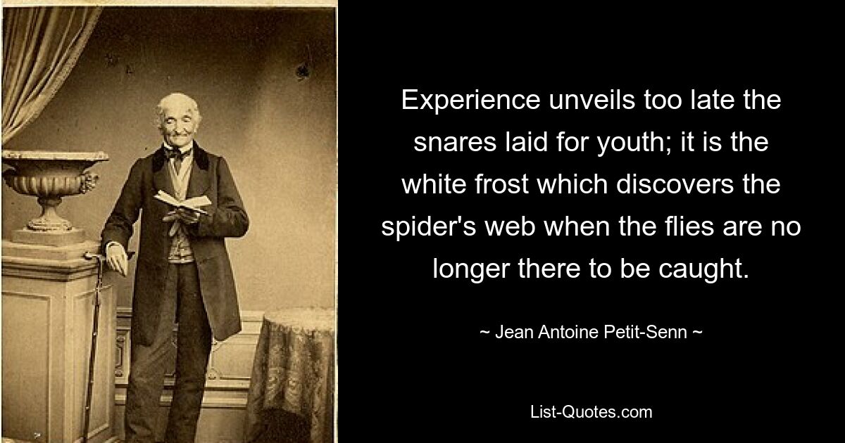 Experience unveils too late the snares laid for youth; it is the white frost which discovers the spider's web when the flies are no longer there to be caught. — © Jean Antoine Petit-Senn