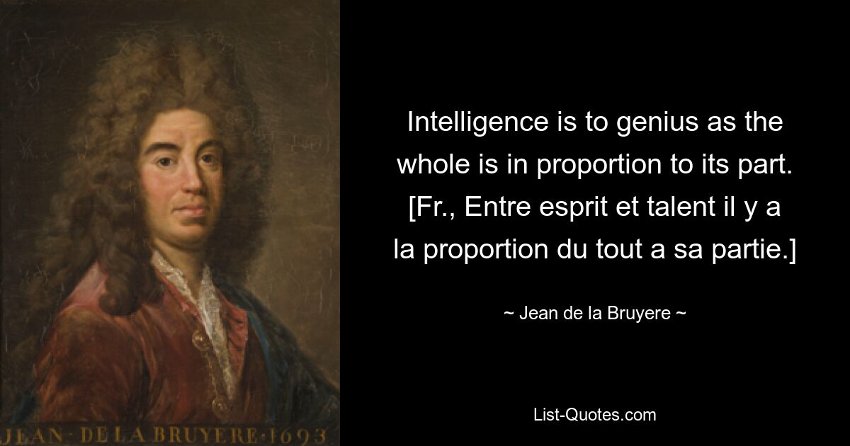 Intelligence is to genius as the whole is in proportion to its part.
[Fr., Entre esprit et talent il y a la proportion du tout a sa partie.] — © Jean de la Bruyere