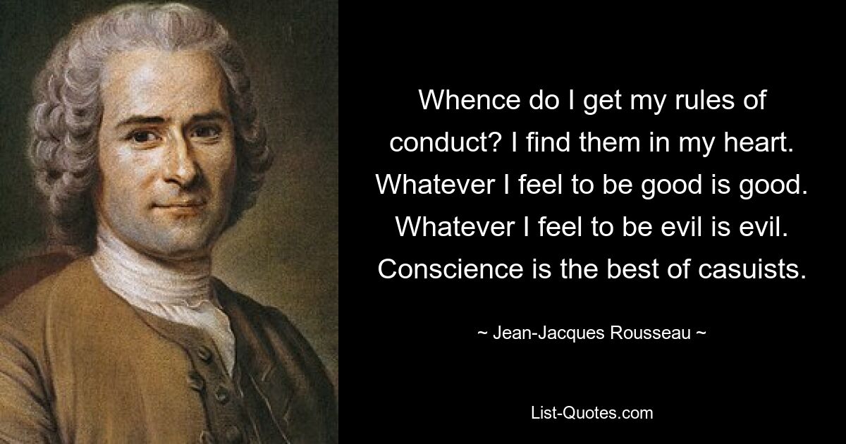 Whence do I get my rules of conduct? I find them in my heart. Whatever I feel to be good is good. Whatever I feel to be evil is evil. Conscience is the best of casuists. — © Jean-Jacques Rousseau