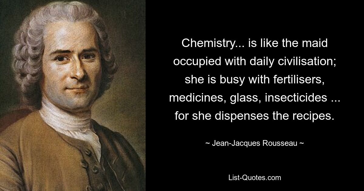 Химия... подобна служанке, занятой повседневной цивилизацией; она занята удобрениями, лекарствами, стеклом, инсектицидами... ибо она выдает рецепты. — © Жан-Жак Руссо