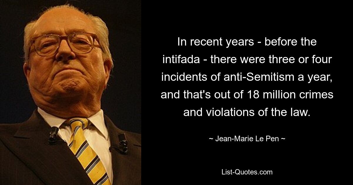 In recent years - before the intifada - there were three or four incidents of anti-Semitism a year, and that's out of 18 million crimes and violations of the law. — © Jean-Marie Le Pen