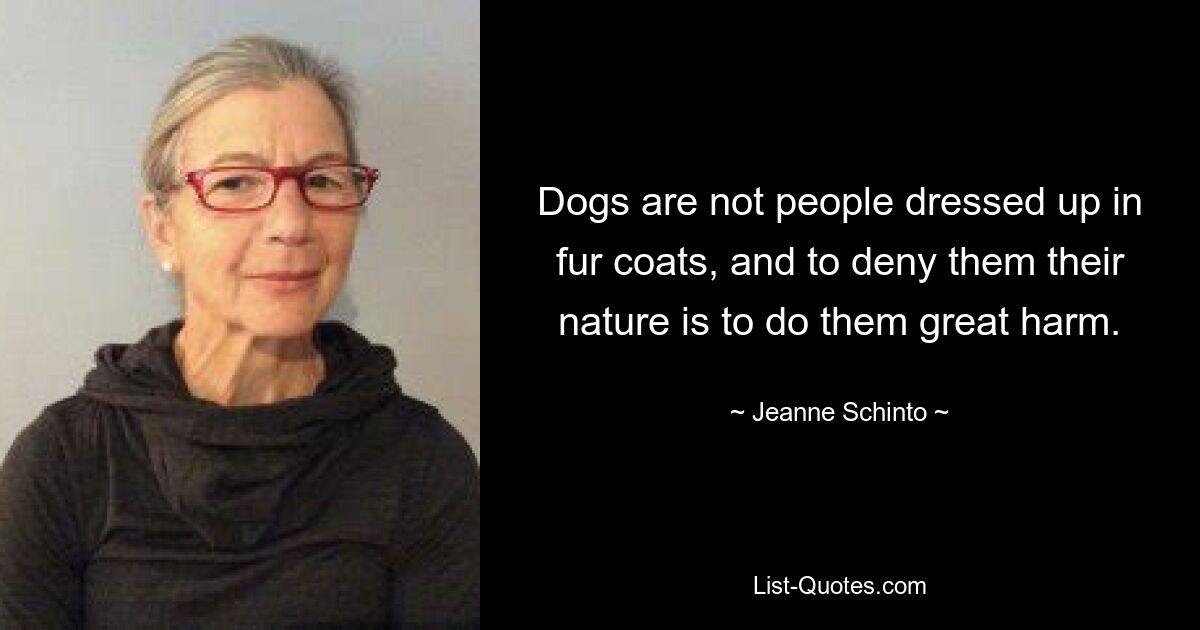 Dogs are not people dressed up in fur coats, and to deny them their nature is to do them great harm. — © Jeanne Schinto