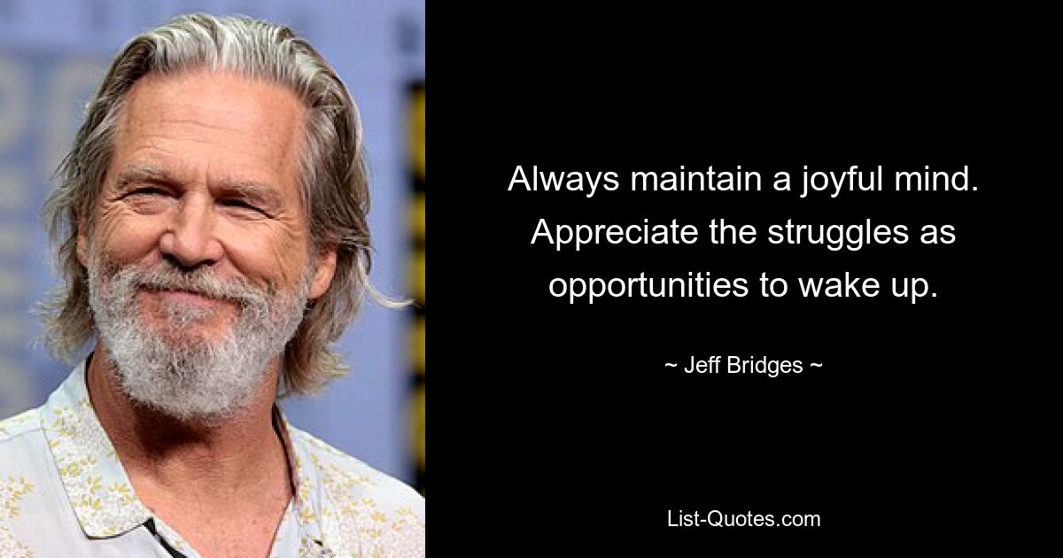 Always maintain a joyful mind. Appreciate the struggles as opportunities to wake up. — © Jeff Bridges