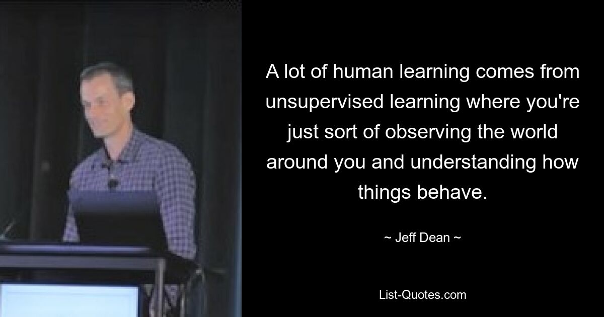 A lot of human learning comes from unsupervised learning where you're just sort of observing the world around you and understanding how things behave. — © Jeff Dean