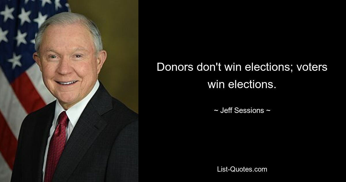 Donors don't win elections; voters win elections. — © Jeff Sessions