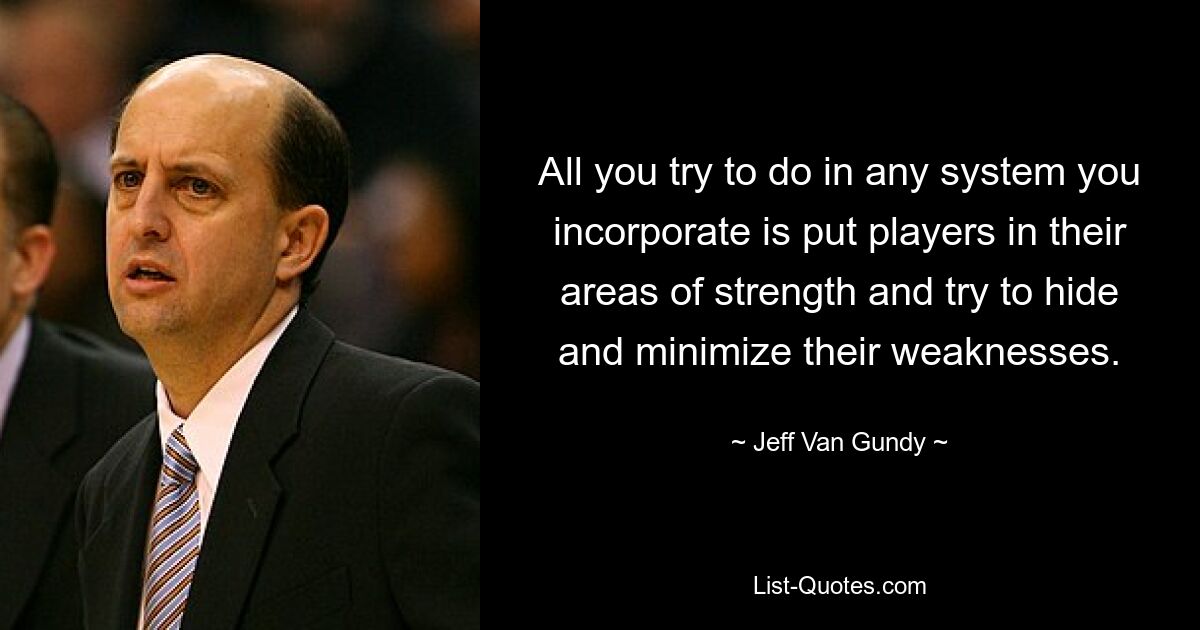 All you try to do in any system you incorporate is put players in their areas of strength and try to hide and minimize their weaknesses. — © Jeff Van Gundy