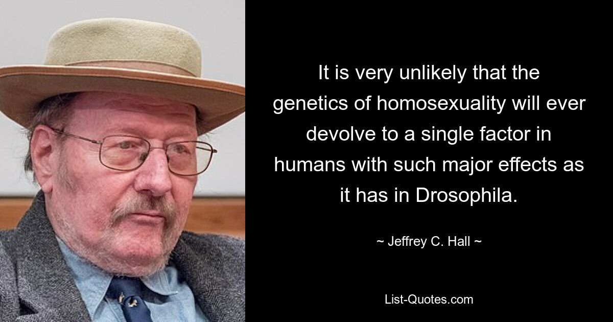 It is very unlikely that the genetics of homosexuality will ever devolve to a single factor in humans with such major effects as it has in Drosophila. — © Jeffrey C. Hall