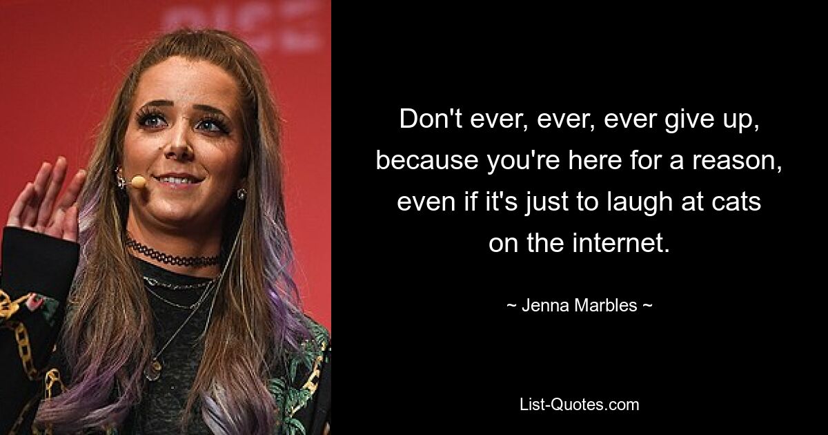 Don't ever, ever, ever give up, because you're here for a reason, even if it's just to laugh at cats on the internet. — © Jenna Marbles