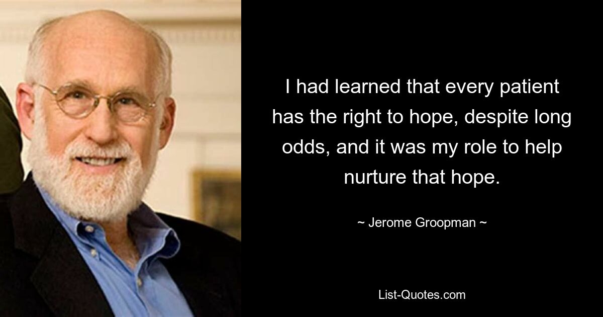 I had learned that every patient has the right to hope, despite long odds, and it was my role to help nurture that hope. — © Jerome Groopman