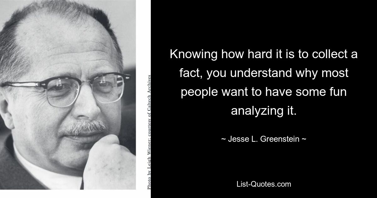 Knowing how hard it is to collect a fact, you understand why most people want to have some fun analyzing it. — © Jesse L. Greenstein