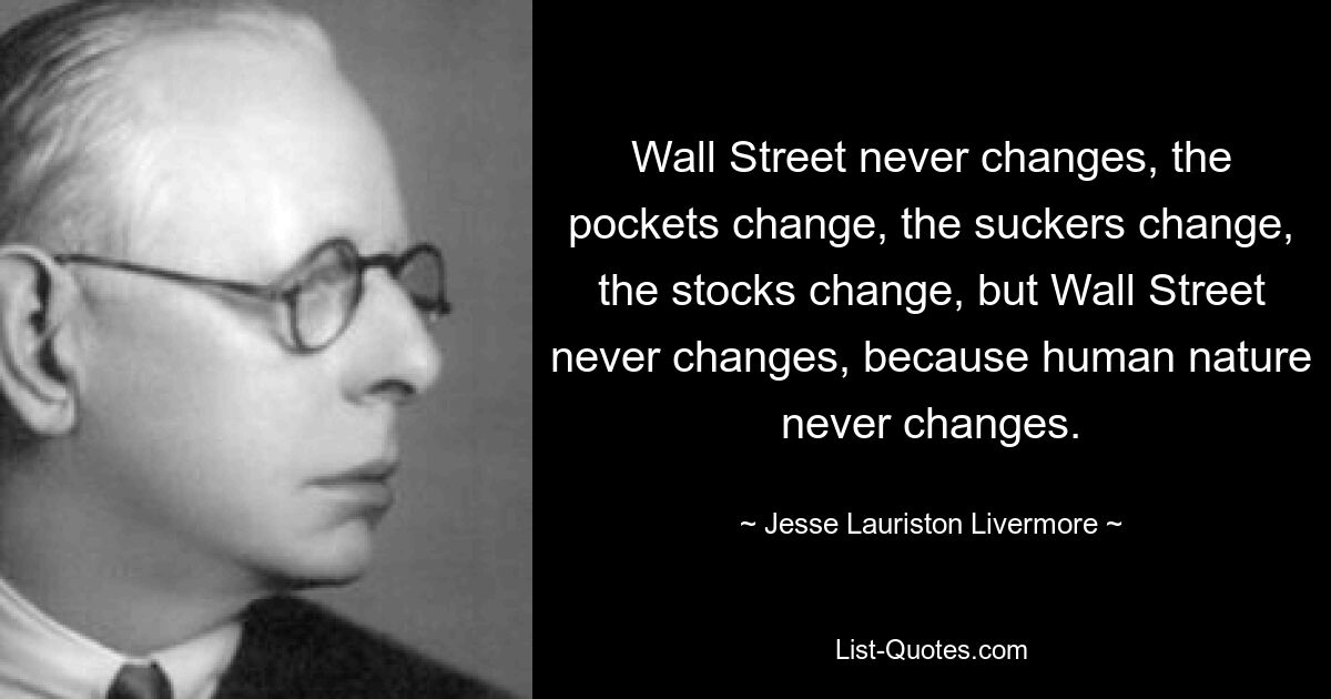 Wall Street never changes, the pockets change, the suckers change, the stocks change, but Wall Street never changes, because human nature never changes. — © Jesse Lauriston Livermore