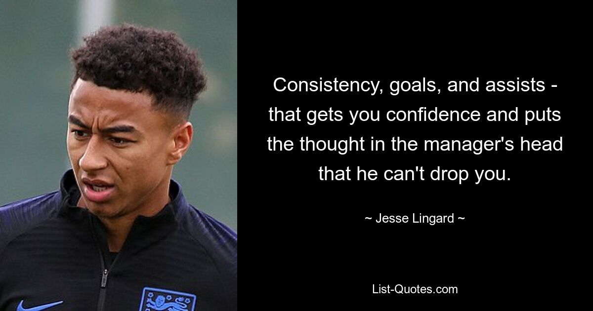 Consistency, goals, and assists - that gets you confidence and puts the thought in the manager's head that he can't drop you. — © Jesse Lingard