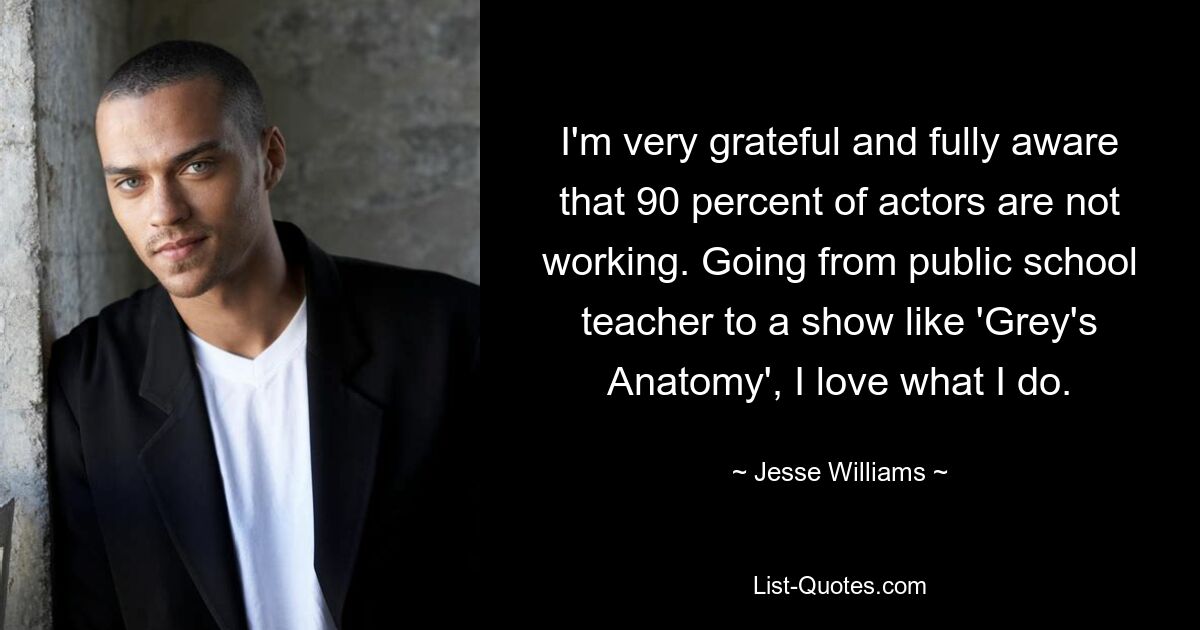 I'm very grateful and fully aware that 90 percent of actors are not working. Going from public school teacher to a show like 'Grey's Anatomy', I love what I do. — © Jesse Williams