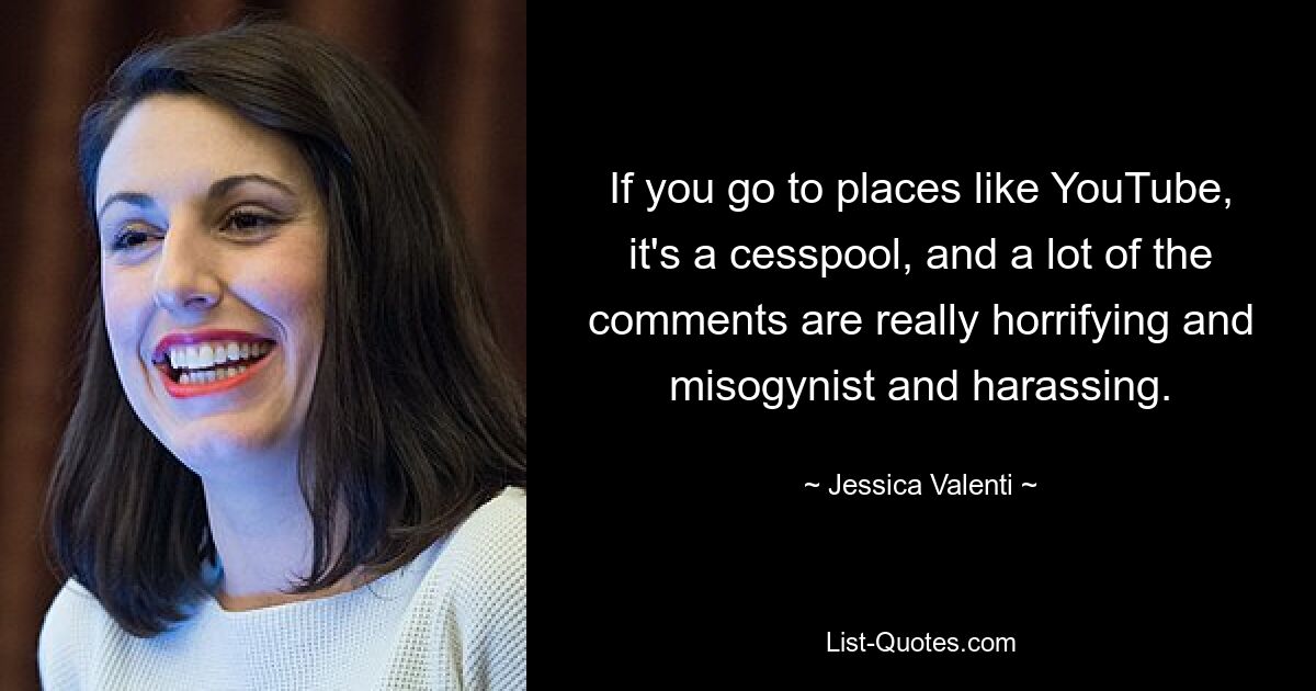 If you go to places like YouTube, it's a cesspool, and a lot of the comments are really horrifying and misogynist and harassing. — © Jessica Valenti