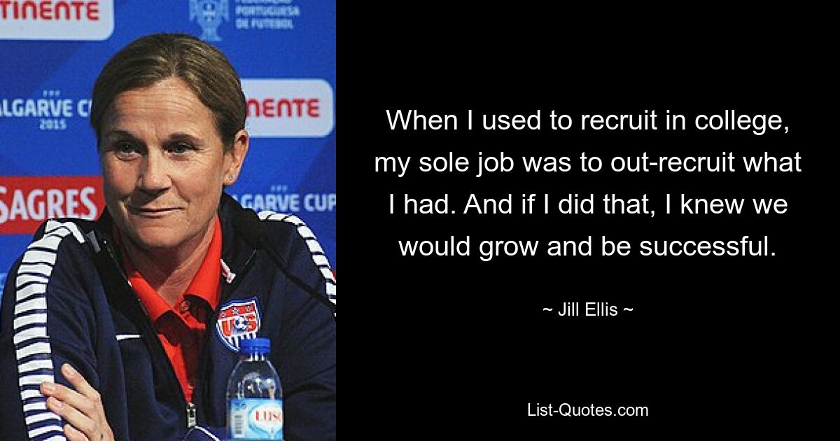 When I used to recruit in college, my sole job was to out-recruit what I had. And if I did that, I knew we would grow and be successful. — © Jill Ellis