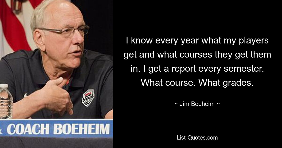 I know every year what my players get and what courses they get them in. I get a report every semester. What course. What grades. — © Jim Boeheim