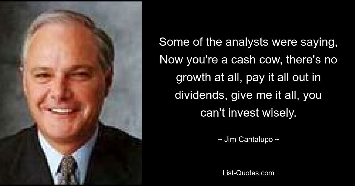 Some of the analysts were saying, Now you're a cash cow, there's no growth at all, pay it all out in dividends, give me it all, you can't invest wisely. — © Jim Cantalupo