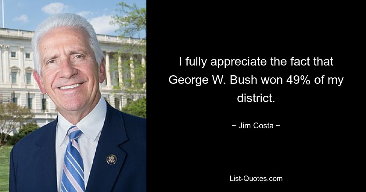 I fully appreciate the fact that George W. Bush won 49% of my district. — © Jim Costa