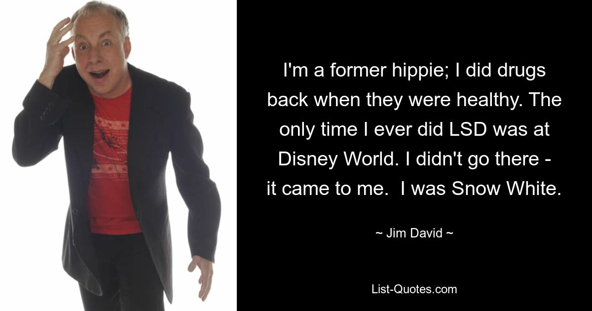 I'm a former hippie; I did drugs back when they were healthy. The only time I ever did LSD was at Disney World. I didn't go there - it came to me.  I was Snow White. — © Jim David