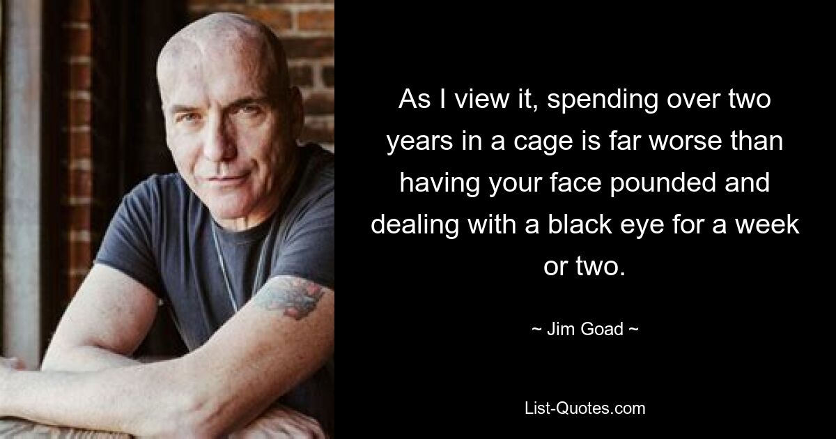 As I view it, spending over two years in a cage is far worse than having your face pounded and dealing with a black eye for a week or two. — © Jim Goad