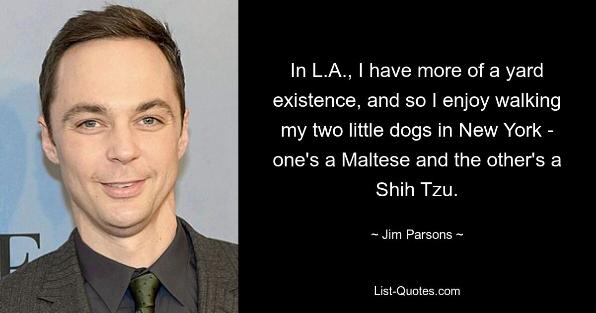 In L.A., I have more of a yard existence, and so I enjoy walking my two little dogs in New York - one's a Maltese and the other's a Shih Tzu. — © Jim Parsons