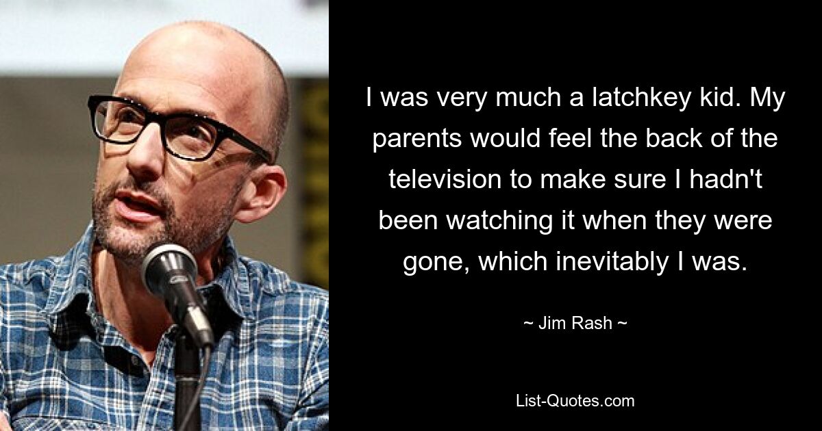 I was very much a latchkey kid. My parents would feel the back of the television to make sure I hadn't been watching it when they were gone, which inevitably I was. — © Jim Rash