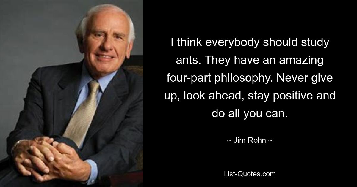 I think everybody should study ants. They have an amazing four-part philosophy. Never give up, look ahead, stay positive and do all you can. — © Jim Rohn