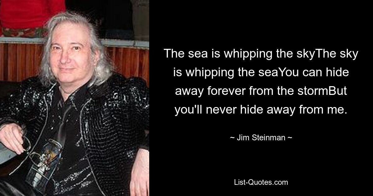 The sea is whipping the skyThe sky is whipping the seaYou can hide away forever from the stormBut you'll never hide away from me. — © Jim Steinman