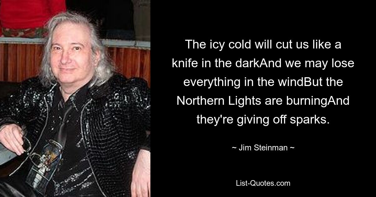 The icy cold will cut us like a knife in the darkAnd we may lose everything in the windBut the Northern Lights are burningAnd they're giving off sparks. — © Jim Steinman