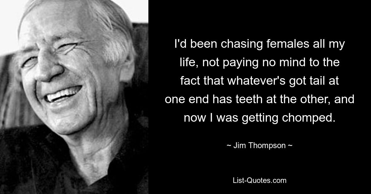 I'd been chasing females all my life, not paying no mind to the fact that whatever's got tail at one end has teeth at the other, and now I was getting chomped. — © Jim Thompson